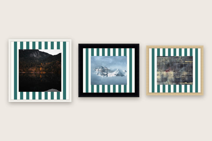 Three framed prints with vertical stripes premium mount boards cut to size — a-stripe-teal