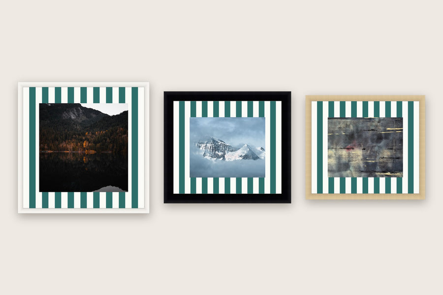 Three framed prints with vertical stripes premium mount boards cut to size — a-stripe-teal