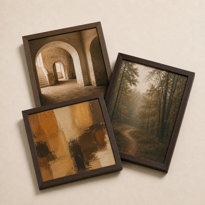 A collection of brown picture frames lying flat with varied edge-to-edge artwork