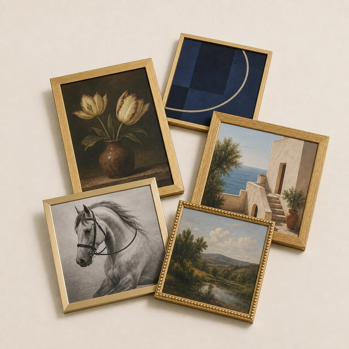 A collection of gold picture frames lying flat with varied edge-to-edge artwork