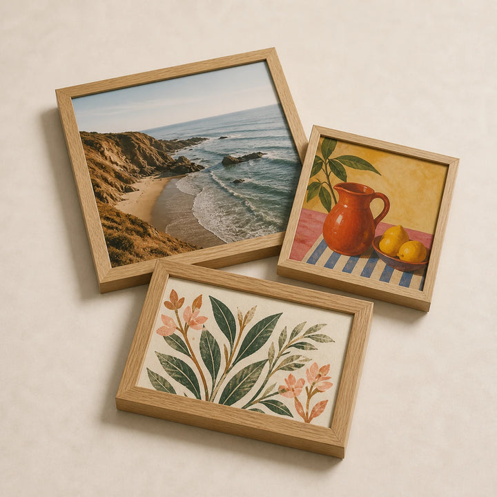 A collection of natural oak picture frames lying flat with varied edge-to-edge artwork