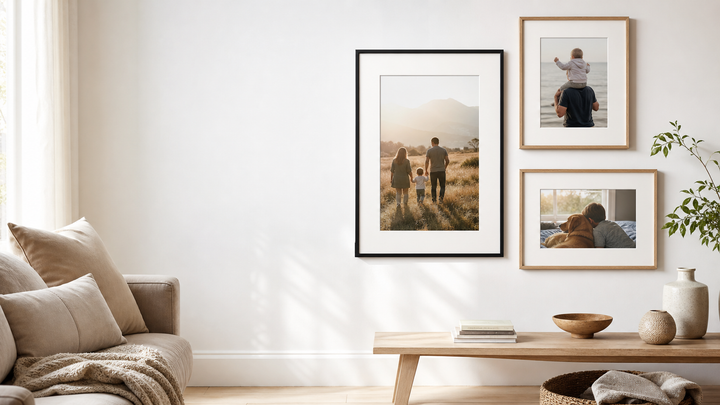 Three mounted family photographs in coordinated black and oak frames
