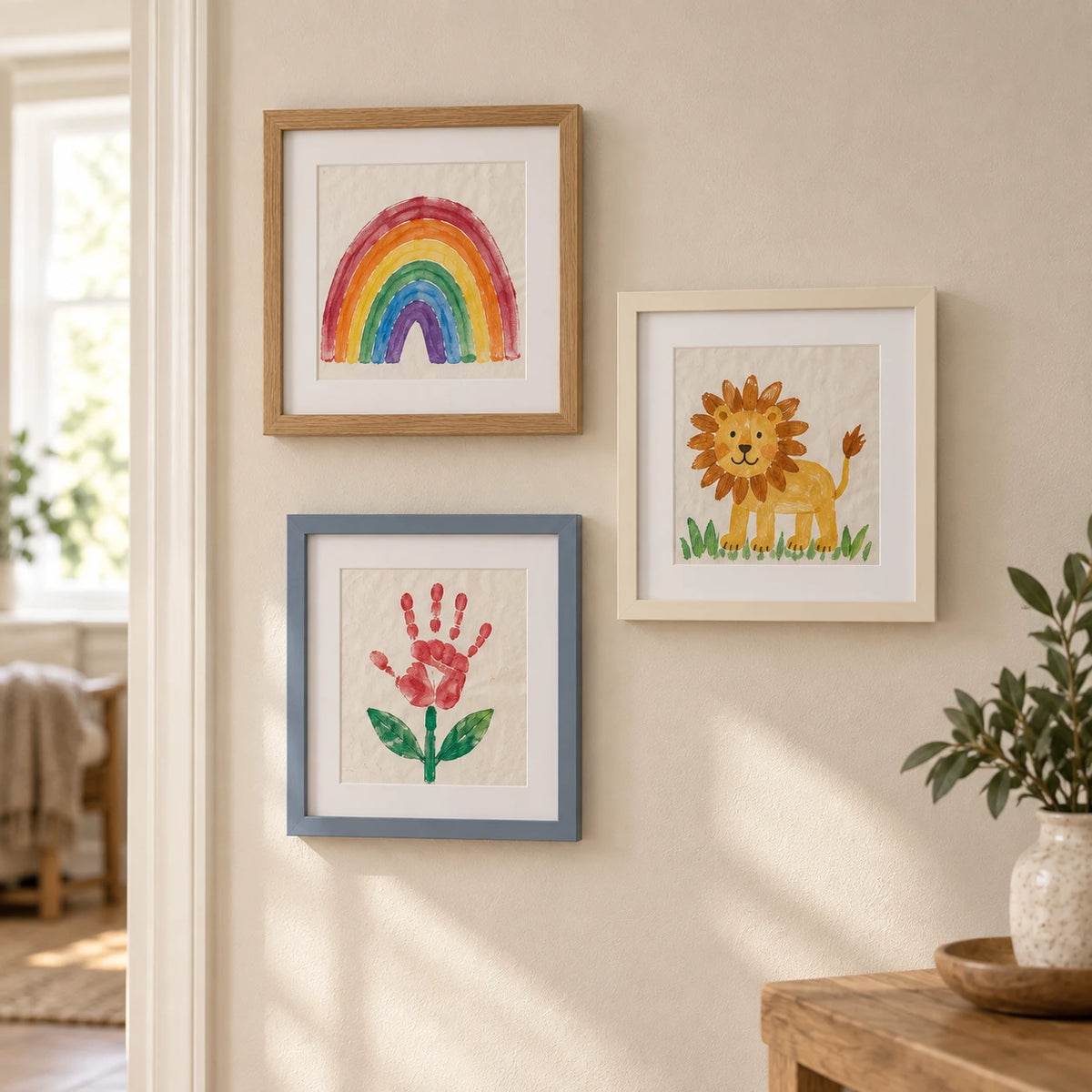 Three framed children's artworks displayed on a warm neutral wall