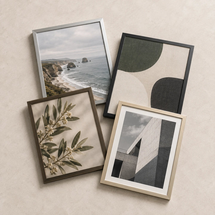 Four contemporary metal picture frames in silver, black, bronze and champagne finishes