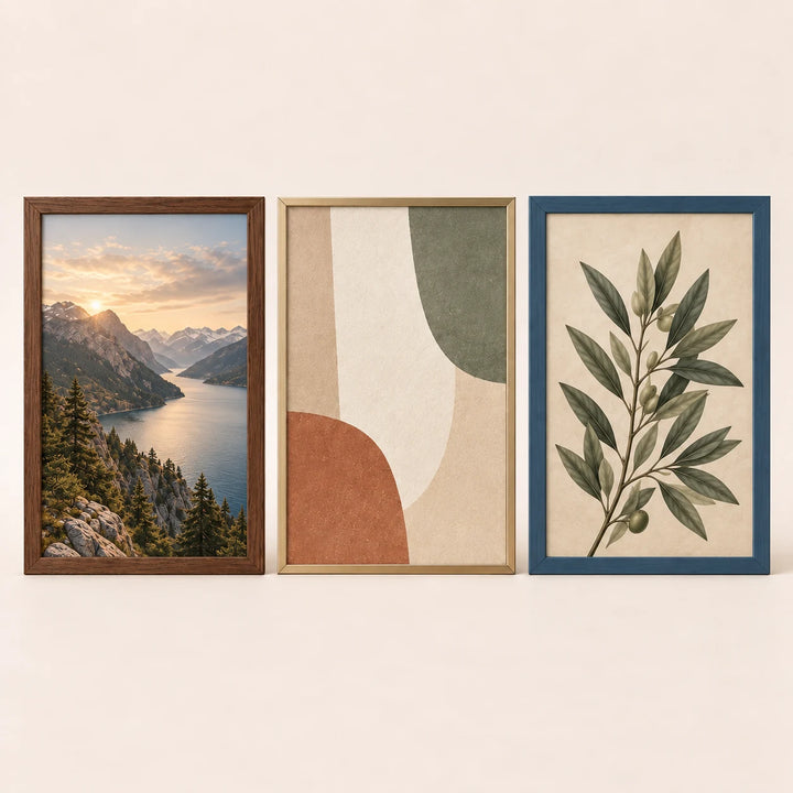 Three 16 by 23 inch picture frames in walnut, champagne brass and slate blue finishes with varied artwork