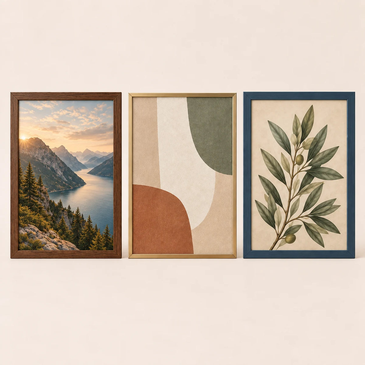 Three 18 by 22 inch picture frames in walnut, champagne brass and slate blue finishes with varied artwork