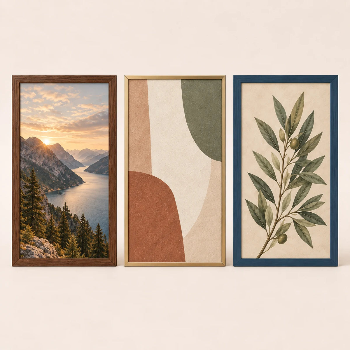 Three 18 by 30 inch picture frames in walnut, champagne brass and slate blue finishes with varied artwork