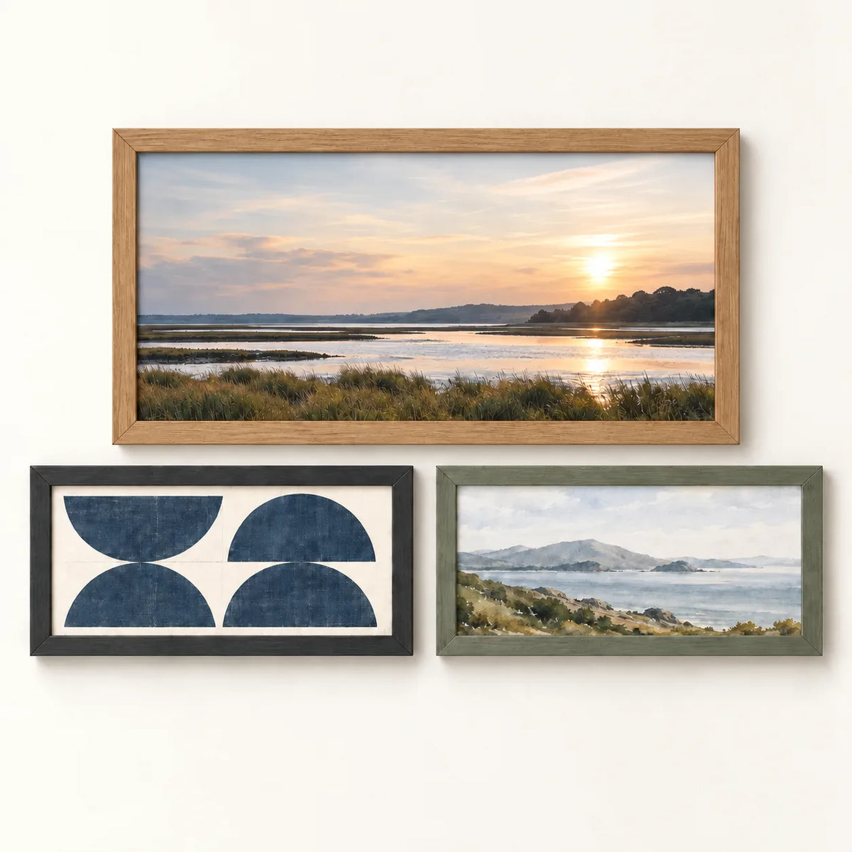 Three picture frames illustrating the 20 by 10 inch size
