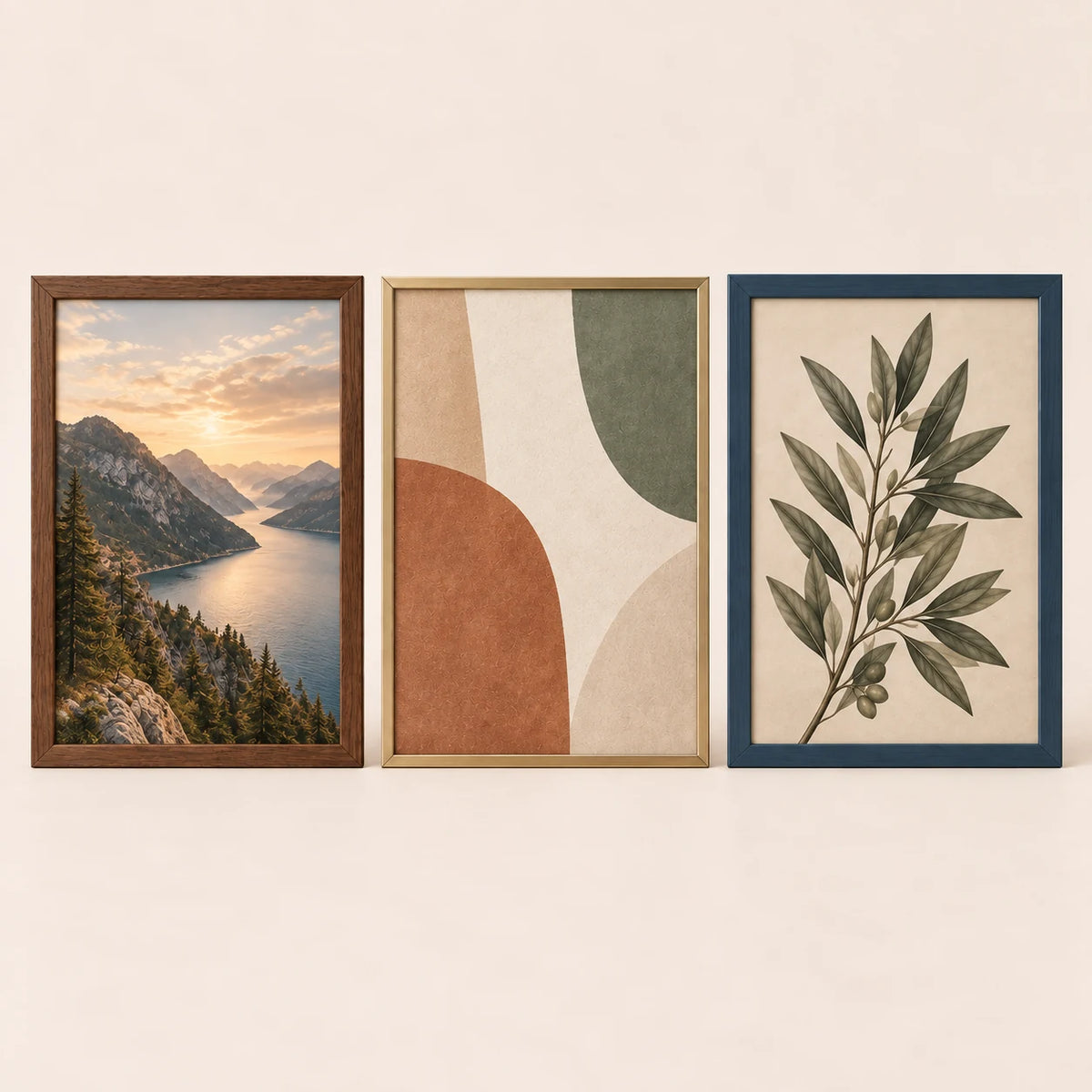 Three 20 by 26 inch picture frames in walnut, champagne brass and slate blue finishes with varied artwork