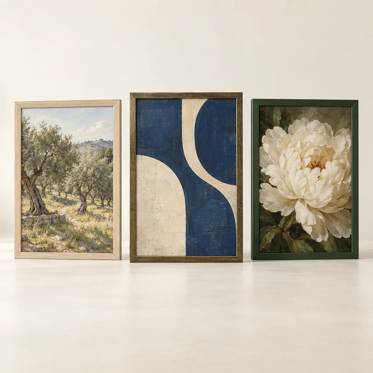 Three picture frames illustrating the 20 by 30 inch size