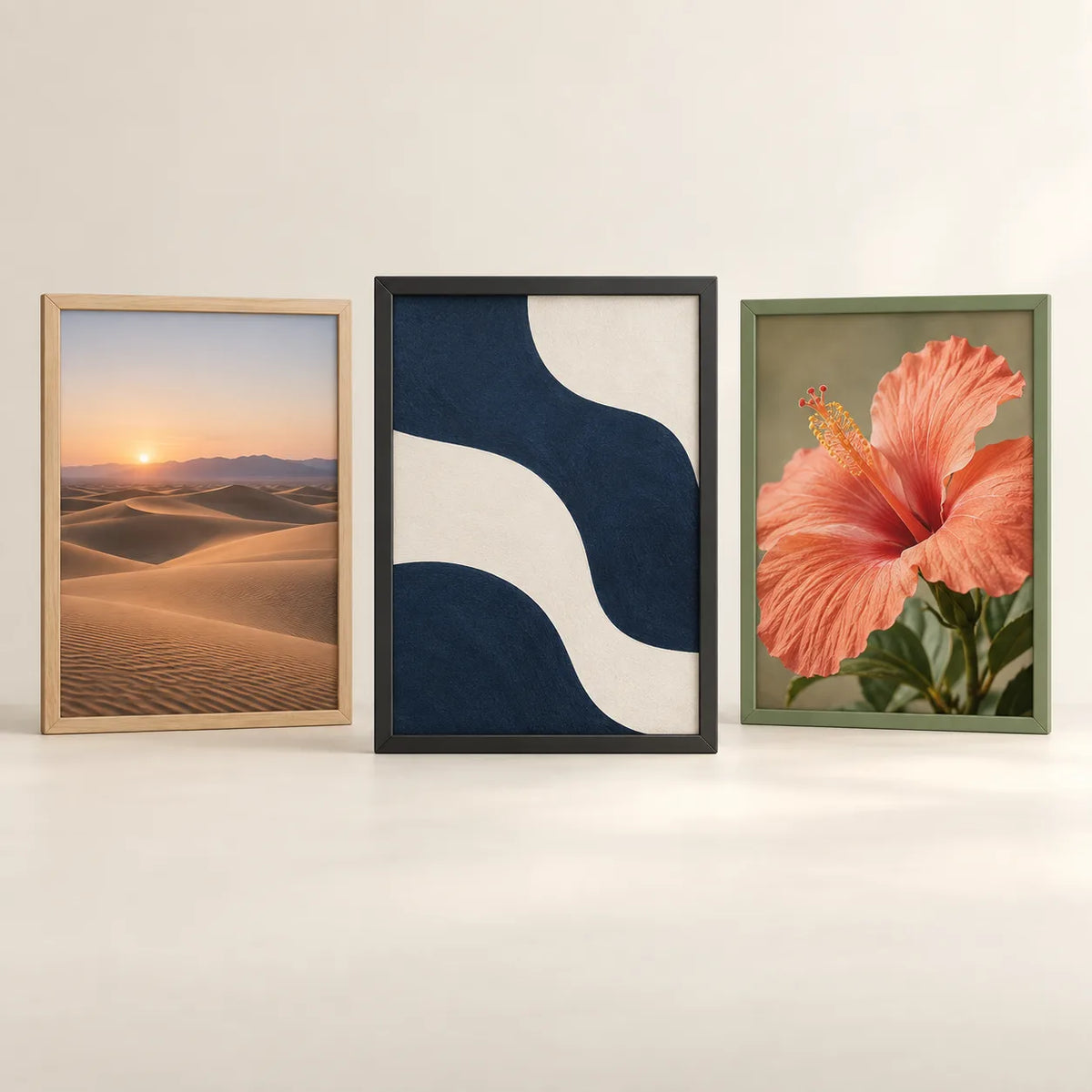Three picture frames illustrating the 22 by 30 inch size
