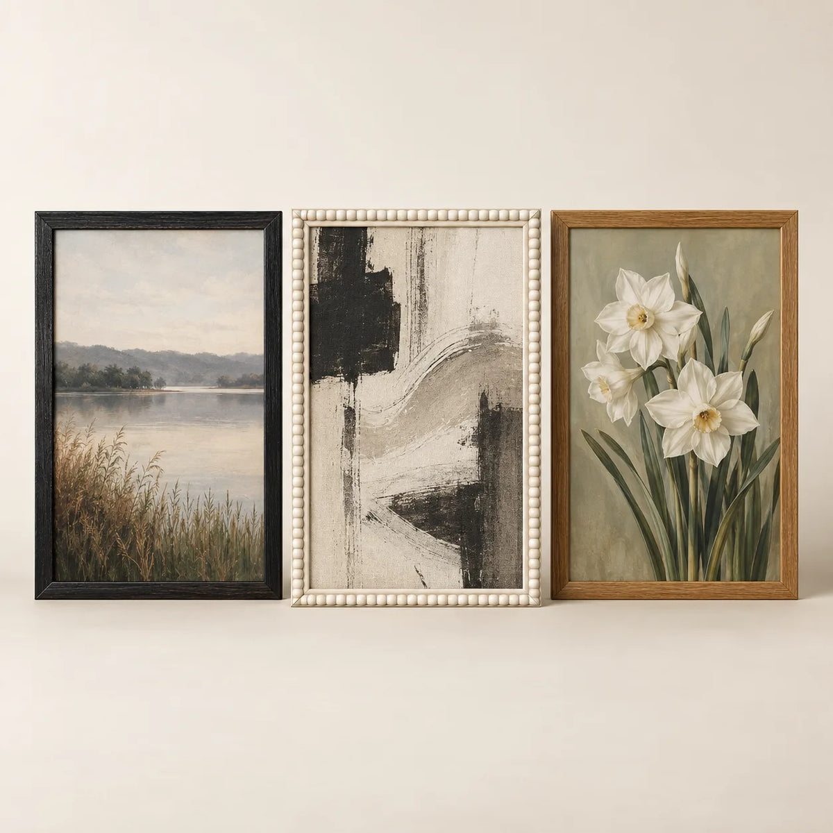 Three picture frames illustrating the 22 by 34 inch size