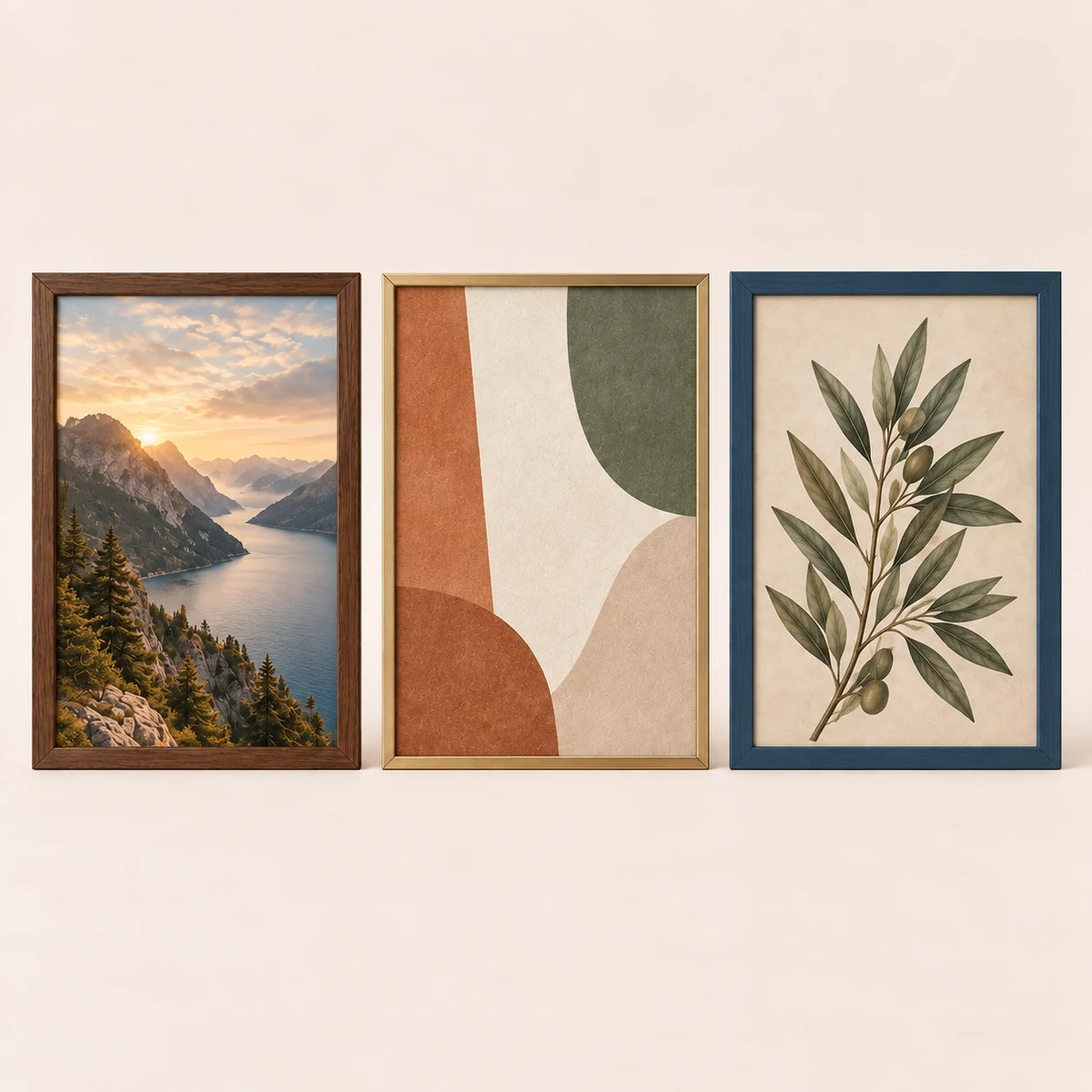 Three 24 by 33 inch picture frames in walnut, champagne brass and slate blue finishes with varied artwork