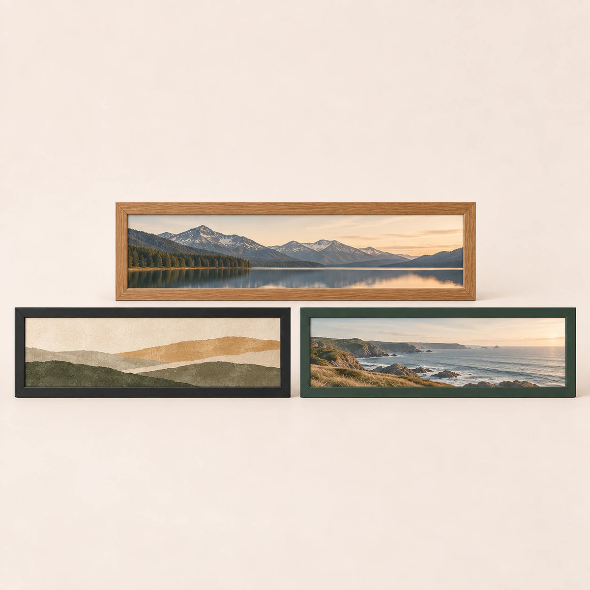 Three 24 by 8 inch frame-only panoramic picture frames in oak, black and green finishes