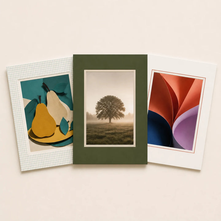 Three 12 by 16 inch picture mounts in plain and patterned finishes holding varied artwork
