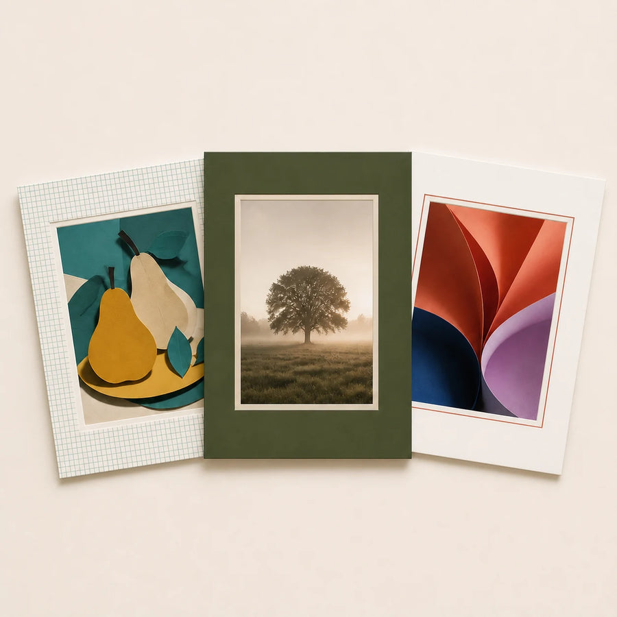 Three 12 by 16 inch picture mounts in plain and patterned finishes holding varied artwork
