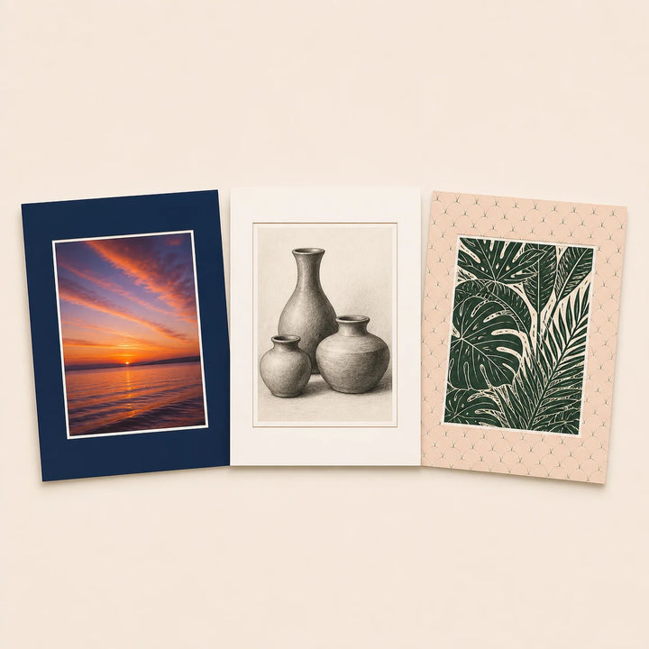Three A1 picture mounts in plain and patterned finishes holding varied artwork
