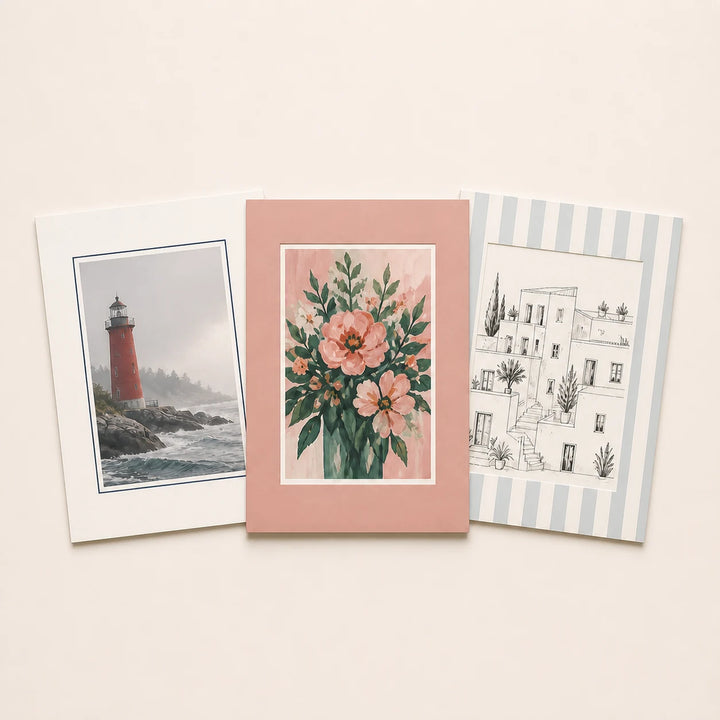 Three A3 picture mounts for A4 prints in plain and patterned finishes holding varied artwork