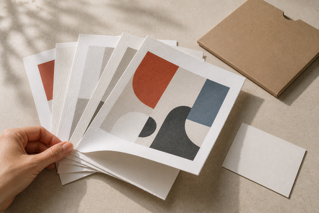 Hand fanning a set of giclée fine art prints on textured archival paper