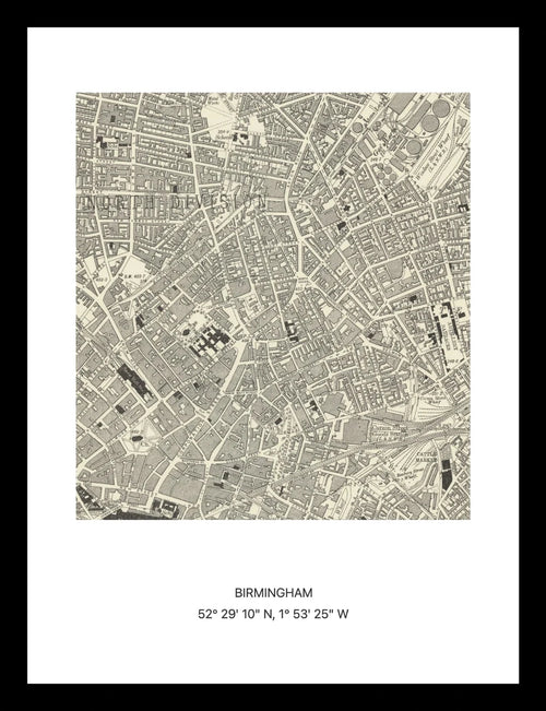 Framed vintage Ordnance Survey map print of Birmingham (1888)
