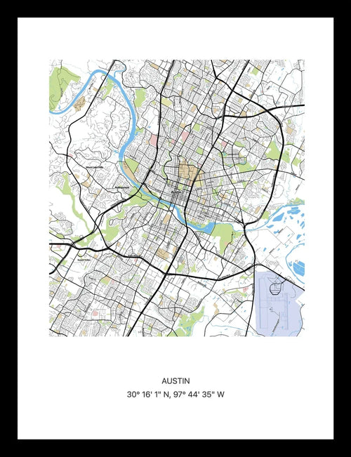 Framed personalised street map print of Austin