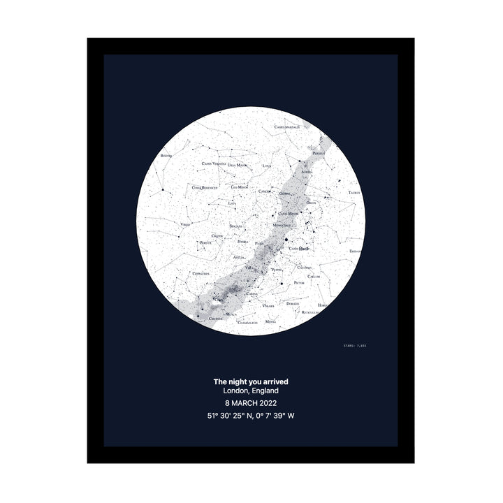 New baby star map — the night sky when they arrived, framed
