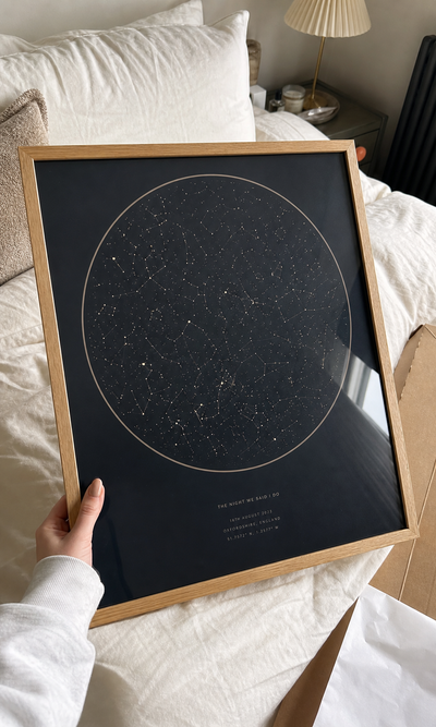 Customer unboxing a personalised framed star map