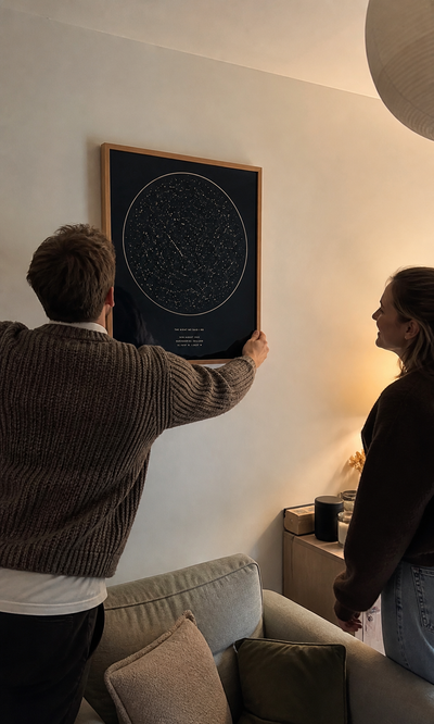 Couple hanging their personalised framed star map at home