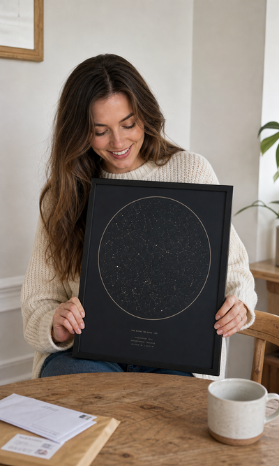 Customer holding a personalised framed star map