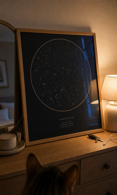 Personalised framed star map displayed at home in the evening