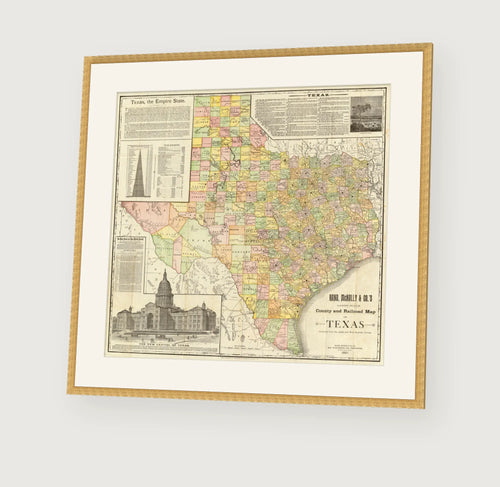 Vintage 1891 Rand McNally county and railroad map of Texas, framed reproduction
