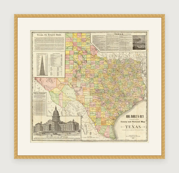 1891 County & Railroad Map of Texas