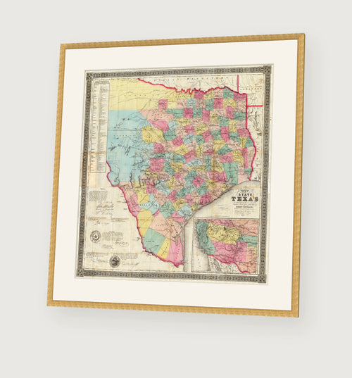Vintage 1856 J. De Cordova map of the State of Texas, framed reproduction