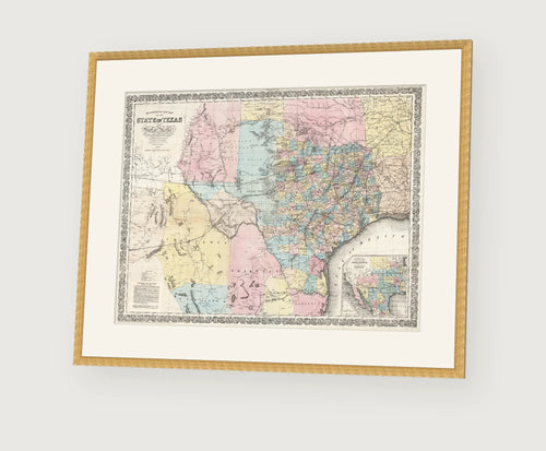 Vintage 1861 Richardson map of the State of Texas, framed reproduction print