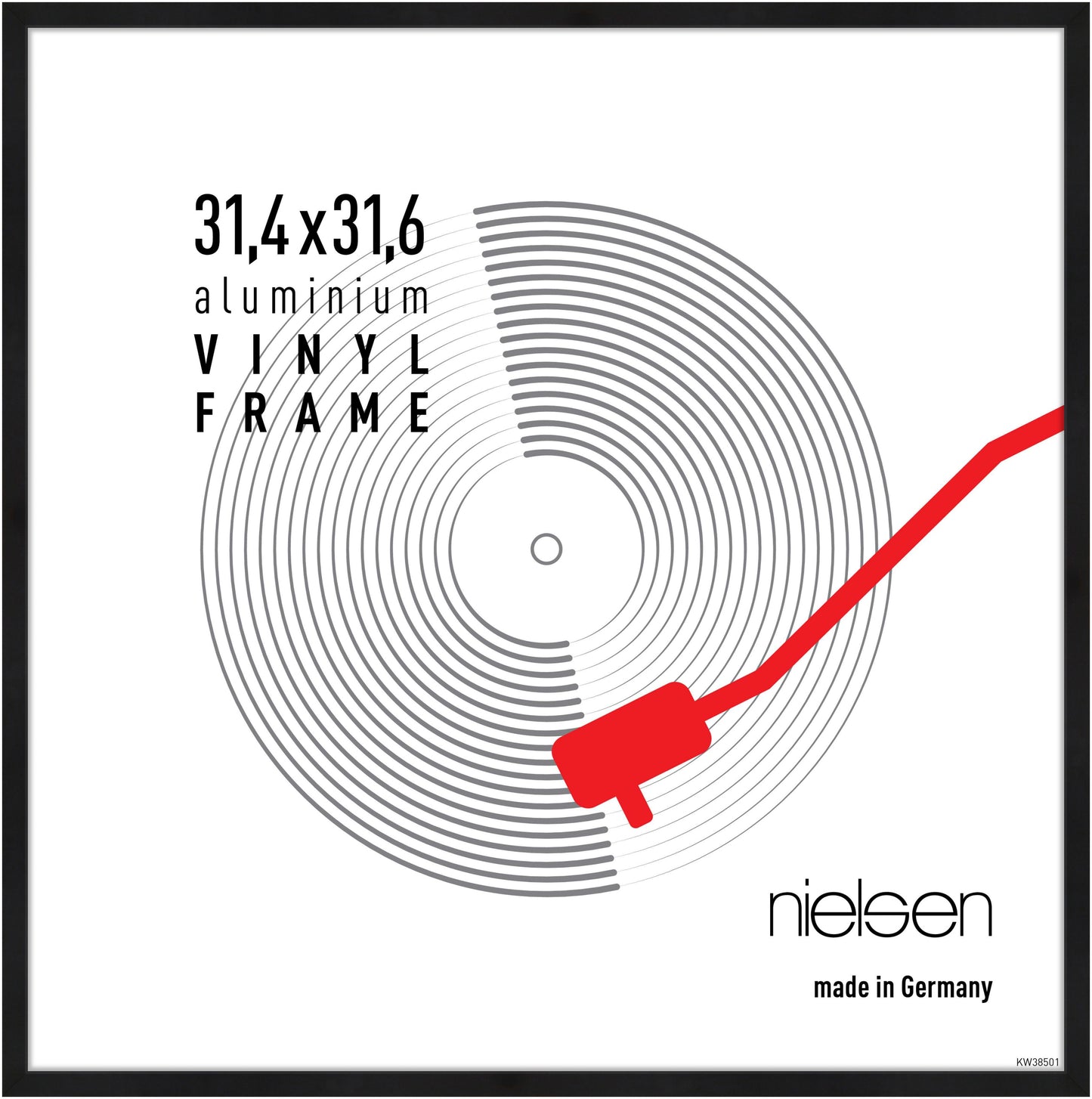 Vinyl record frame in matt black slim aluminium displaying an LP