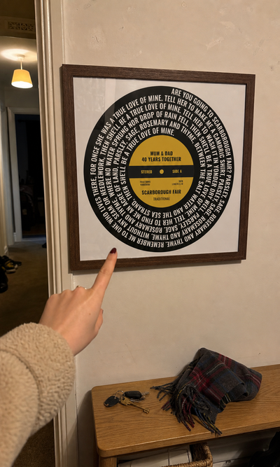 Personalised Scarborough Fair vinyl lyrics print displayed at home