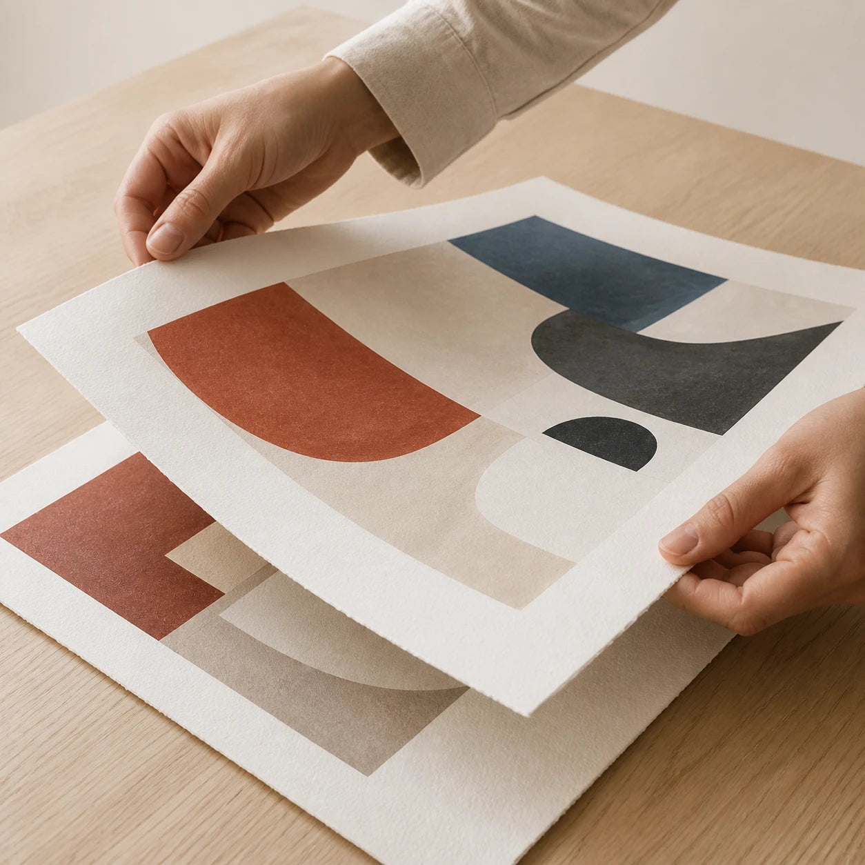 Hands holding a freshly printed abstract artwork on heavyweight fine-art paper